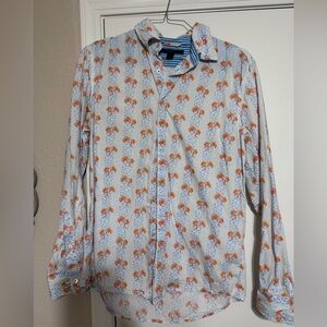 Men's Light Blue Floral Button-Up Shirt - Orange Print